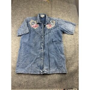 Passion Womens XL Top Denim Button Up Floral Beaded Embroider VTG Western Girly